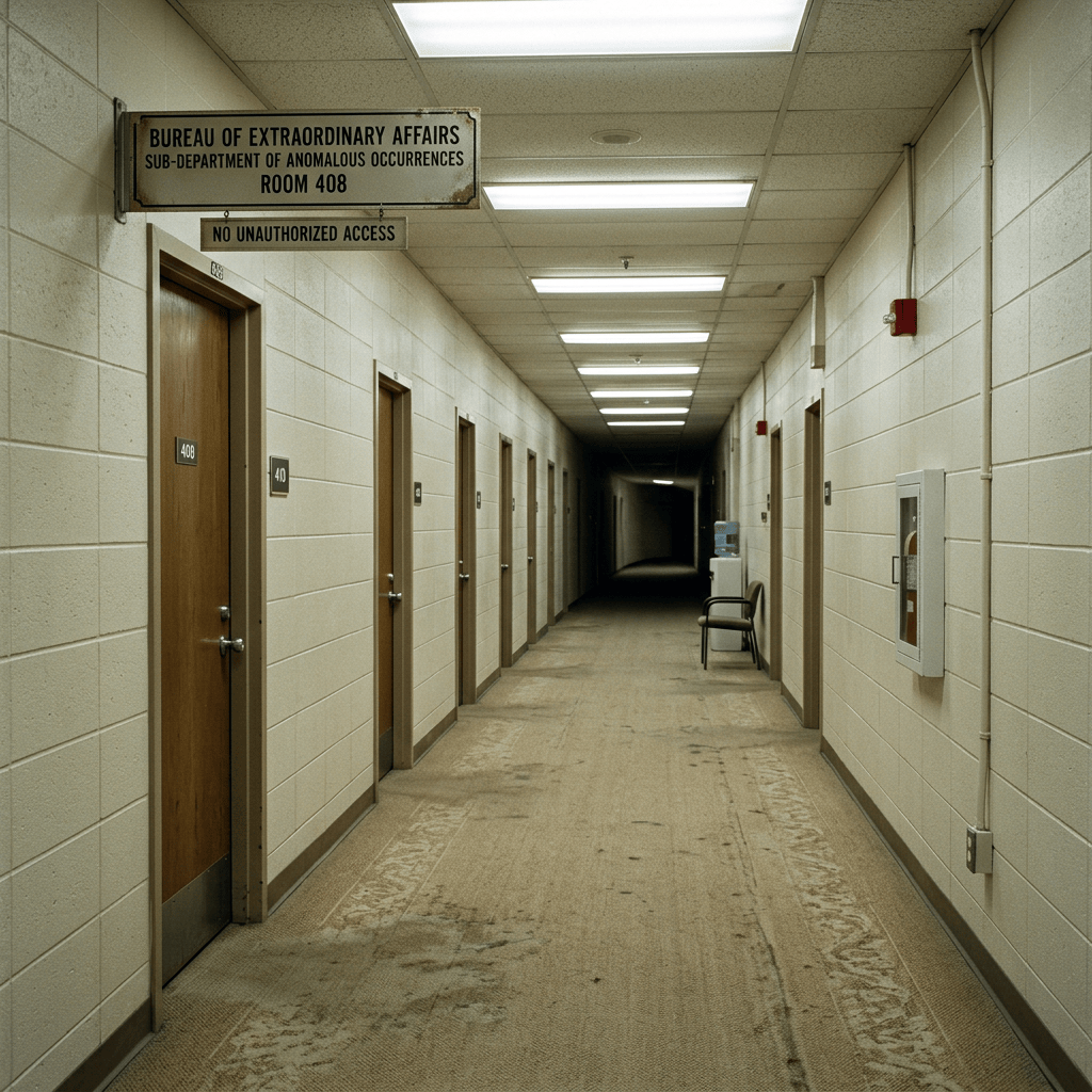 Hallway sign reads “Bureau of Extraordinary Affairs, Sub-Department of Anomalous Occurrences, Room 408” and “No Unauthorized Access.”
